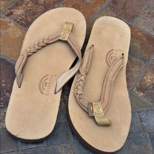 Rainbow Tan Suede Braided Leather Flip Flop Sandals with Gold Accent
